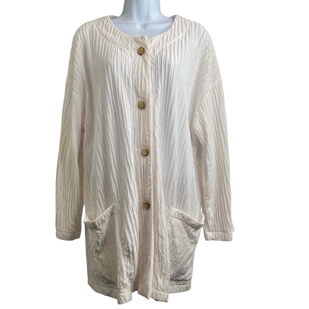 VTG 80s‎ Elisabeth Stewart White Gauze Long Jacket Sz L Button Front Boho Beachy